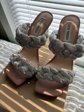 Steve Madden Silver Braided Crystal Strap Heeled Sandals